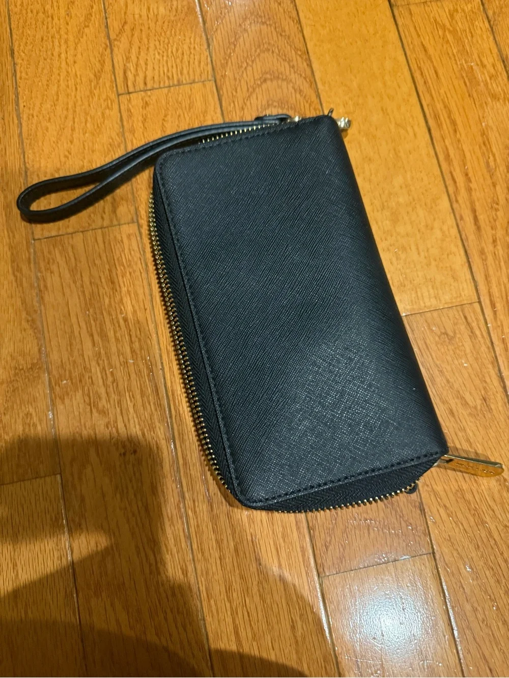 Michael Kors Black Saffiano Leather Zip Wristlet Wallet with Gold Hardware